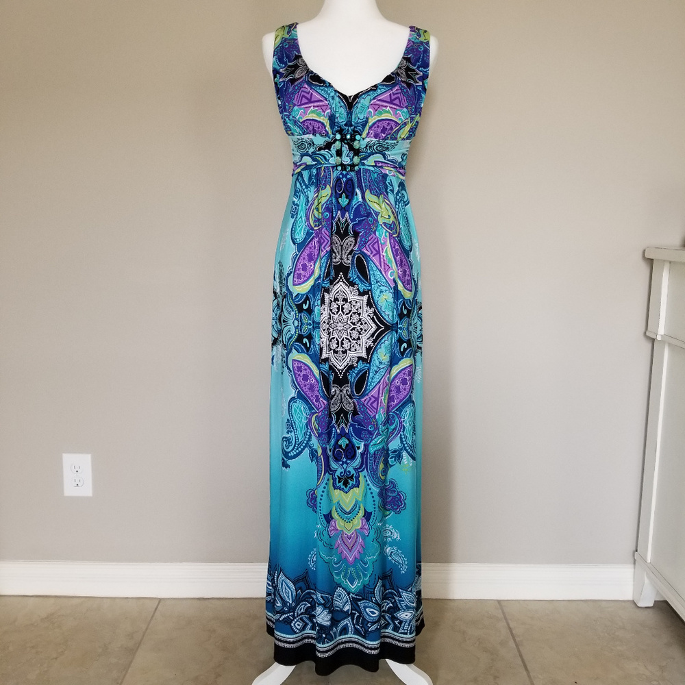 Bisou Bisou Turquoise Print Maxi Dress - 8
